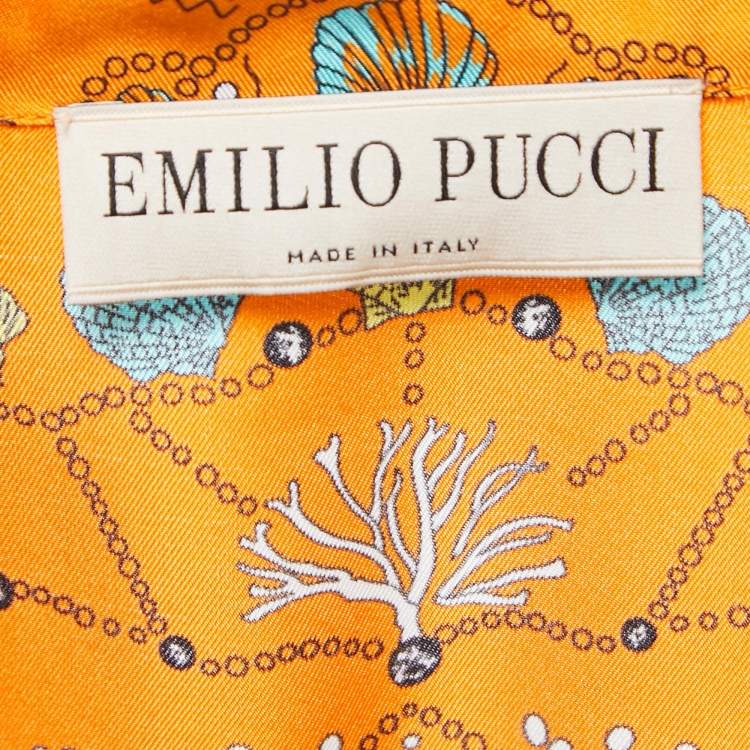 Pre Owned Emilio Pucci Orange Conchiglie Print Silk Pant Shirt Set M