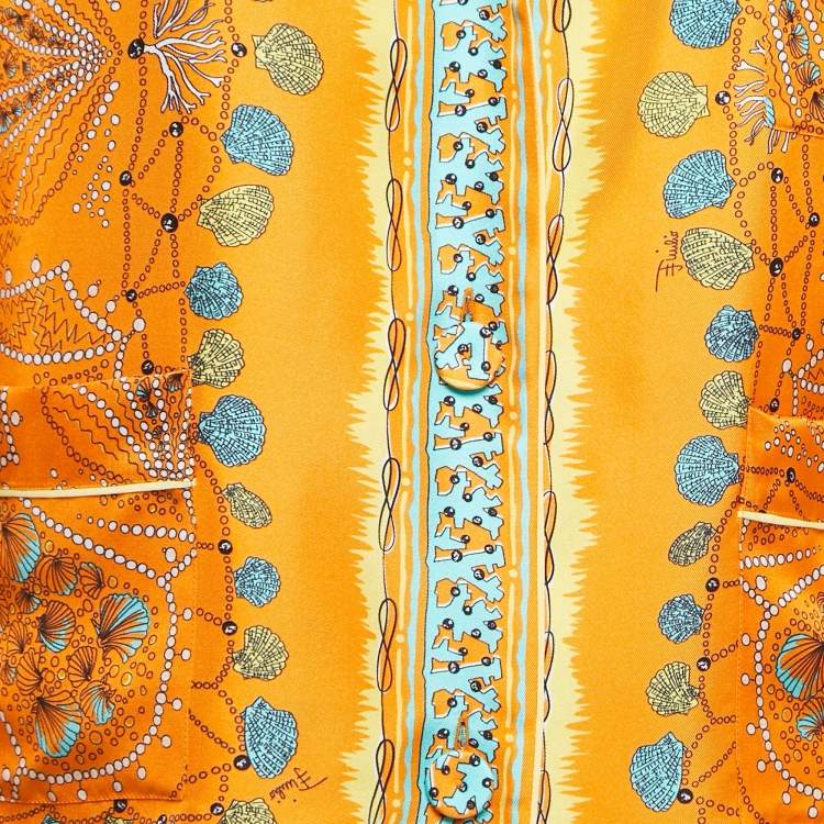 Pre Owned Emilio Pucci Orange Conchiglie Print Silk Pant Shirt Set M