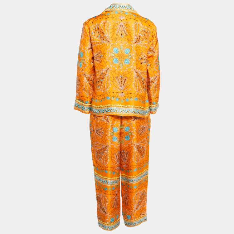Pre Owned Emilio Pucci Orange Conchiglie Print Silk Pant Shirt Set M