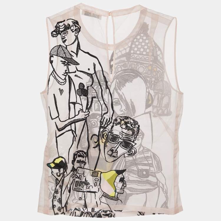 Pre Owned Emilio Pucci Beige Sheer Silk Embroidered Sleeveless Top S