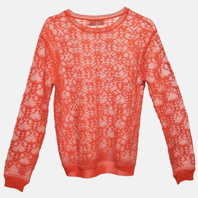 Pre Owned Emilio Pucci Orange Bee Patterned Mesh Knitted Top M