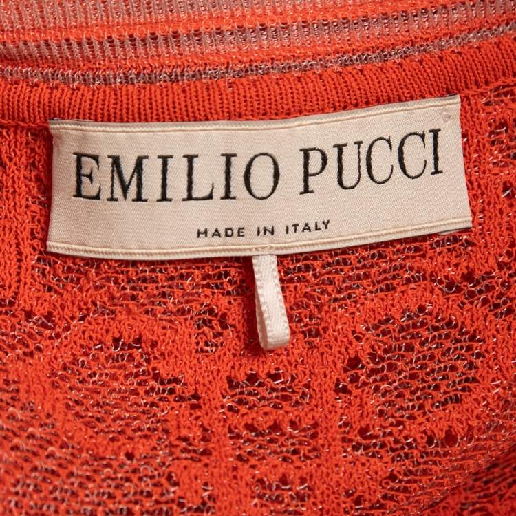 Pre Owned Emilio Pucci Orange Bee Patterned Mesh Knitted Top M