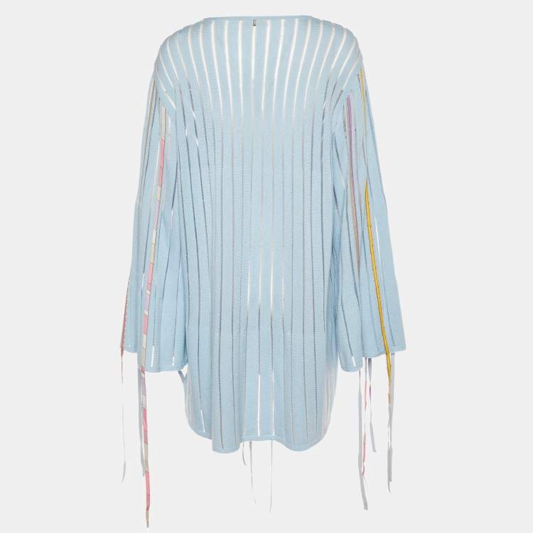 Pre Owned Emilio Pucci Blue Wool Knit & Printed Applique Fringed Detail Mini Dress XL