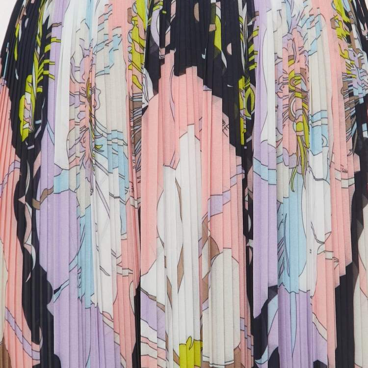 Pre Owned Emilio Pucci Multicolor Floral Print Crepe Pleated Midi Skirt S