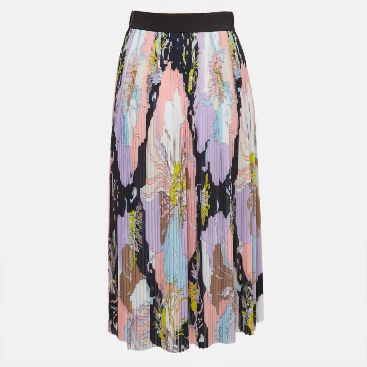 Pre Owned Emilio Pucci Multicolor Floral Print Crepe Pleated Midi Skirt S