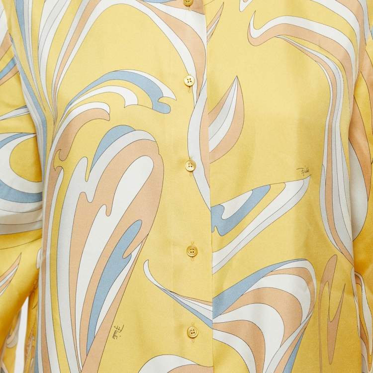 Pre Owned Emilio Pucci Yellow Vortici Print Silk Shirt M