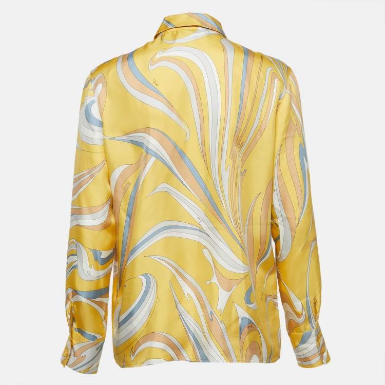 Pre Owned Emilio Pucci Yellow Vortici Print Silk Shirt M