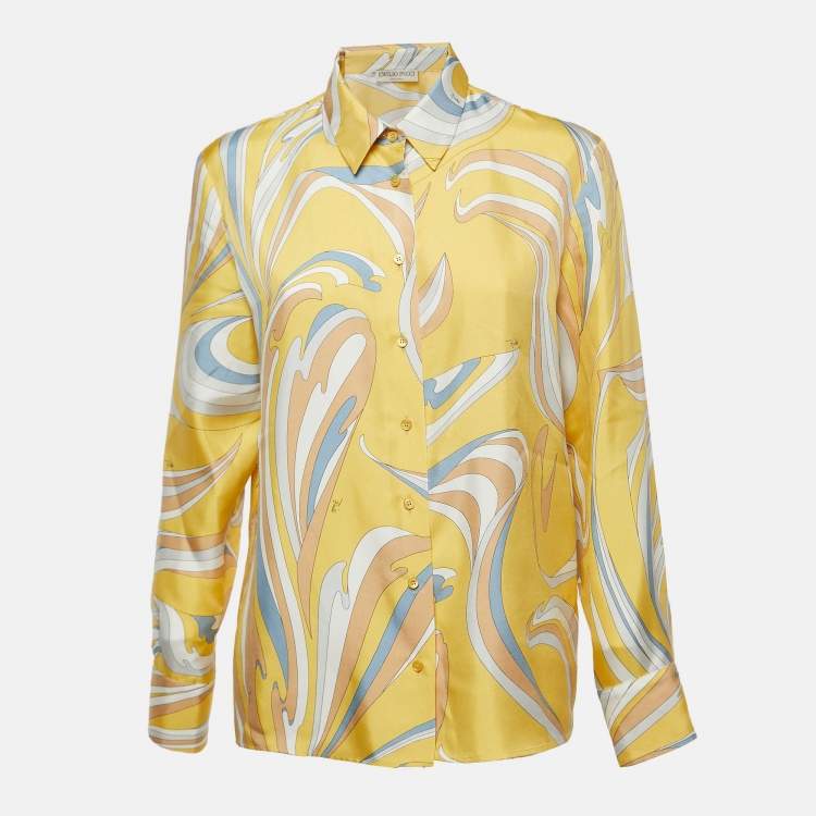 Pre Owned Emilio Pucci Yellow Vortici Print Silk Shirt M