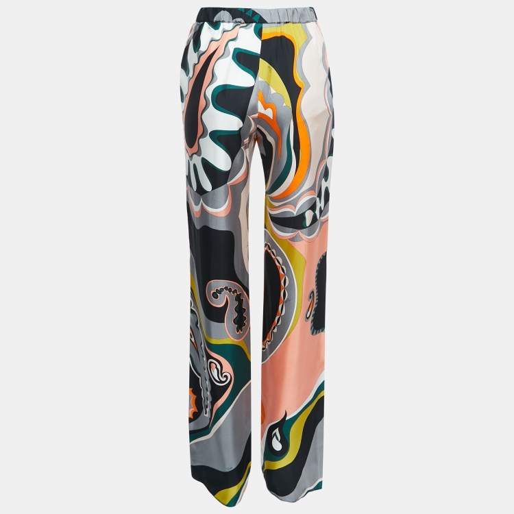 Pre Owned Emilio Pucci Multicolor Printed Silk Wide Leg Trousers M