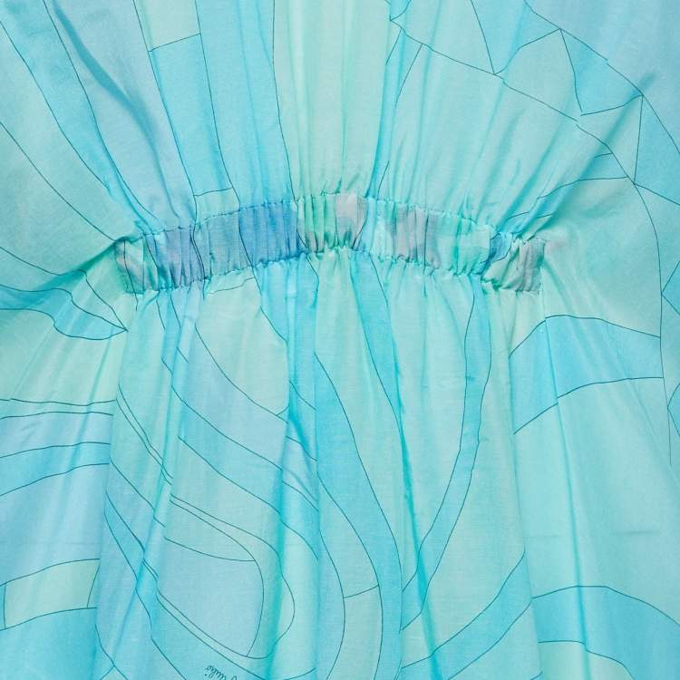 Pre Owned Emilio Pucci Blue/Multicolor Printed Cotton & Silk Kaftan L