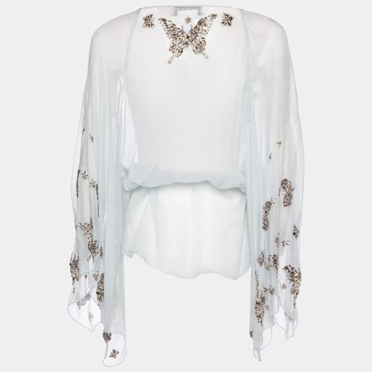 Pre Owned Emilio Pucci Aqua Green Embellished Silk Belted Kaftan Top S