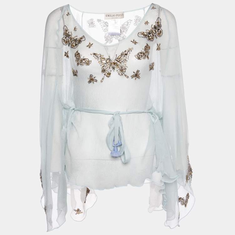 Pre Owned Emilio Pucci Aqua Green Embellished Silk Belted Kaftan Top S