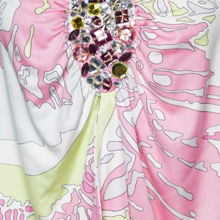 Pre Owned Emilio Pucci Multicolor Printed Jersey Camisole & Green Cotton & Linen Capri Pants L