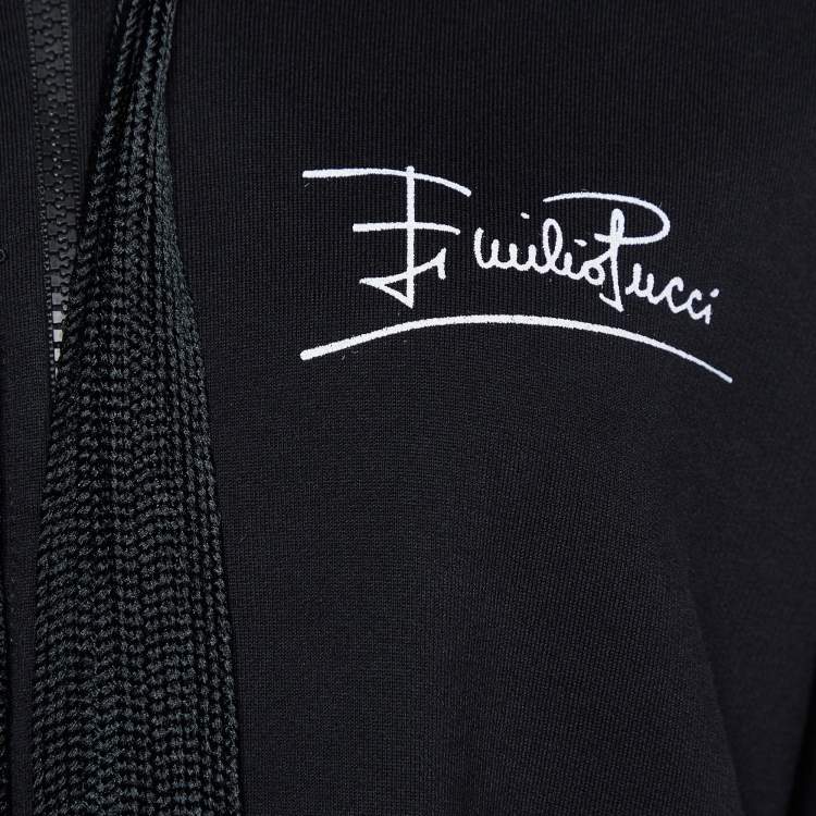 Pre Owned Emilio Pucci Black Cotton Knit Printed Hem Zip Front Hooded Jacket L
