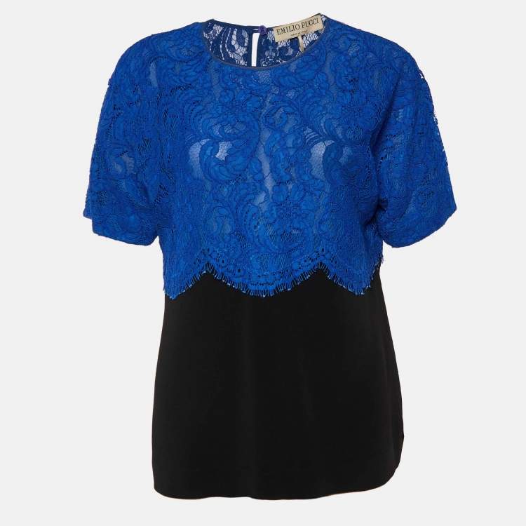 مملوكة مسبقًا Emilio Pucci Blue Lace & Black Crepe Top M
