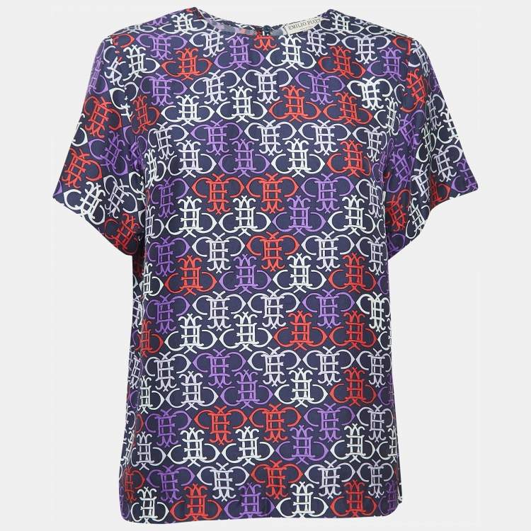 Pre Owned Emilio Pucci  Multicolor All-Over Print Cotton Round Neck Blouse S