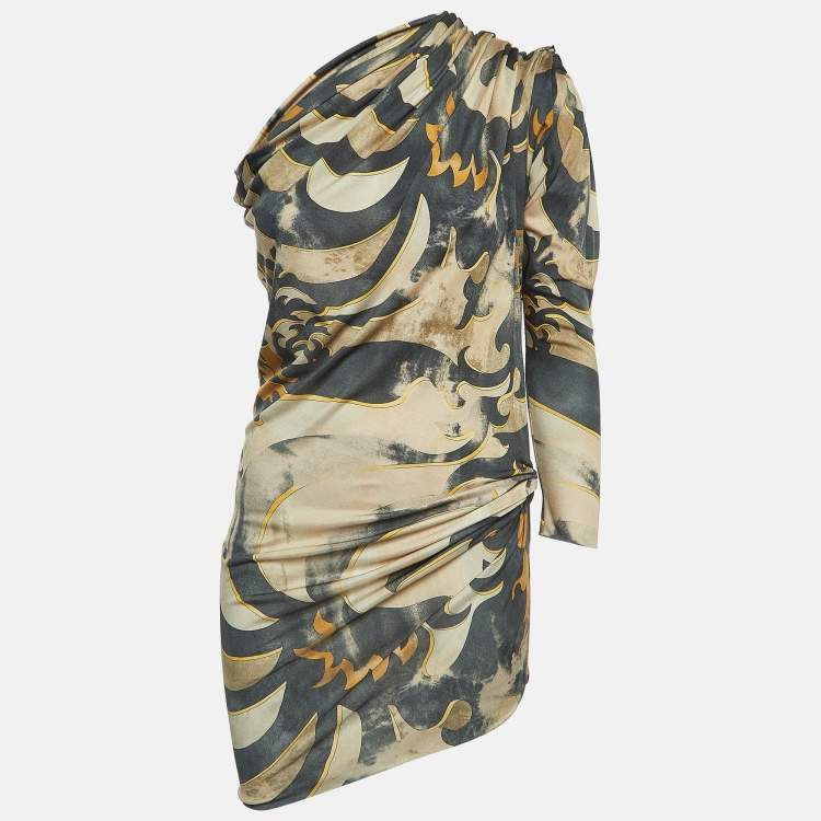 Emilio Pucci Beige Printed Jersey One Shoulder Draped Mini Dress S