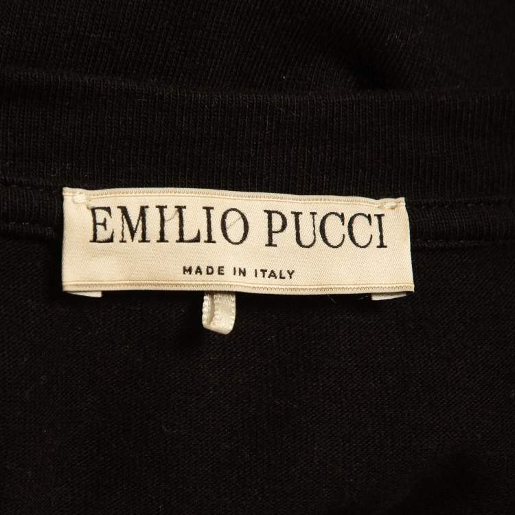 Pre Owned Emilio Pucci Black Embellished Logo Print Cotton Half Sleeve T-Shirt L