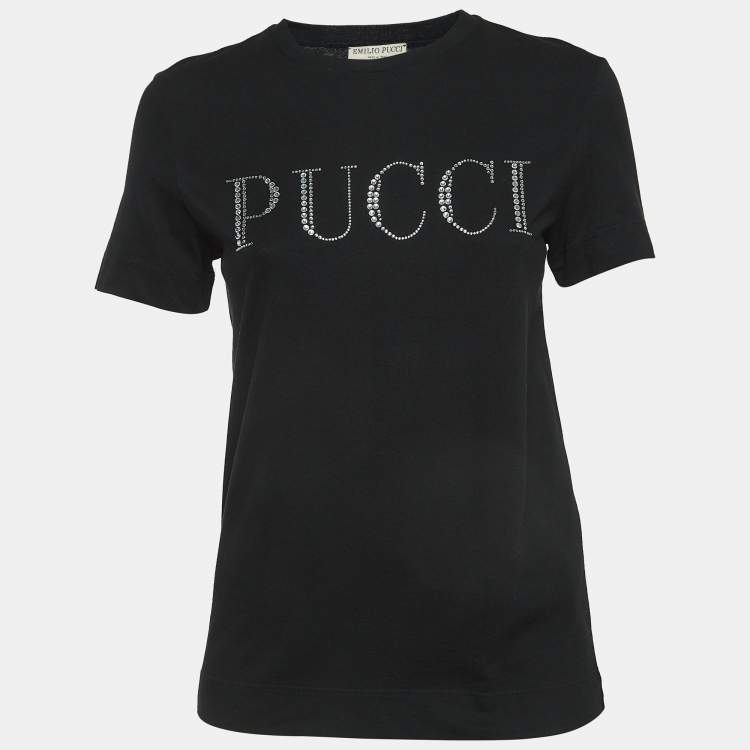 Pre Owned Emilio Pucci Black Rhinestone-Embellished Logo Cotton Jersey T-Shirt S