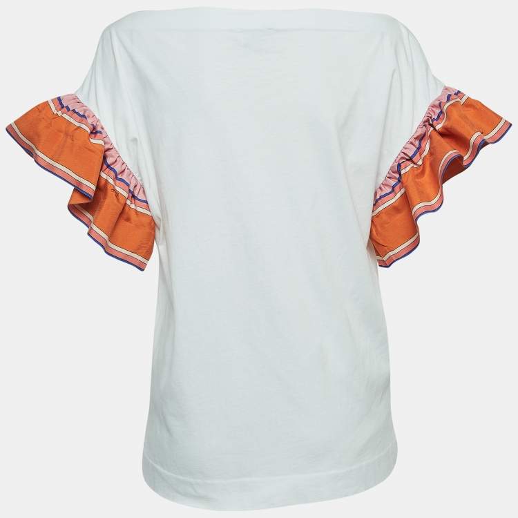 Pre Owned Emilio Pucci White Cotton Knit Contrast Flutter Sleeve T-Shirt M