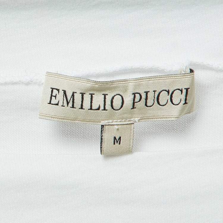 Pre Owned Emilio Pucci White Cotton Knit Contrast Flutter Sleeve T-Shirt M