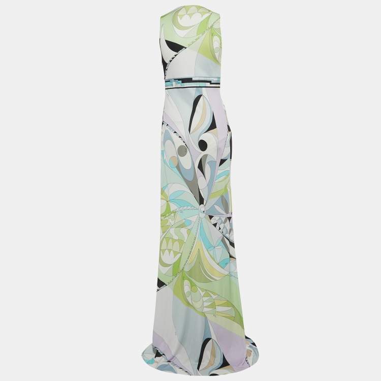 Pre Owned Emilio Pucci Blue Printed Jersey Sleeveless Maxi Dress M