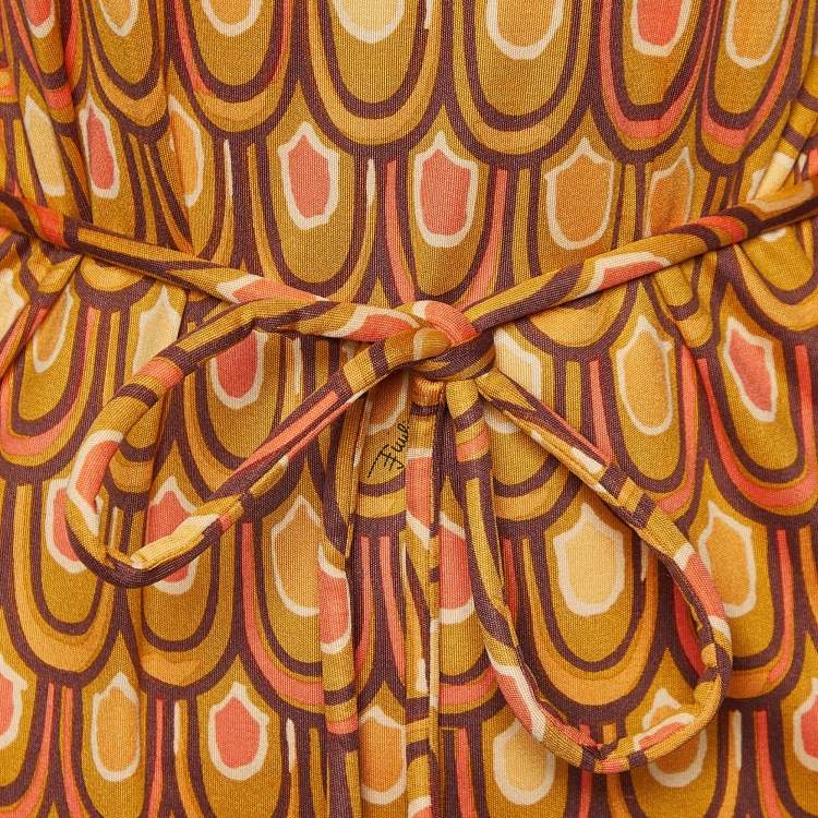 Pre Owned Emilio Pucci Brown Scallop Print Silk Jersey Belted Shift Dress M
