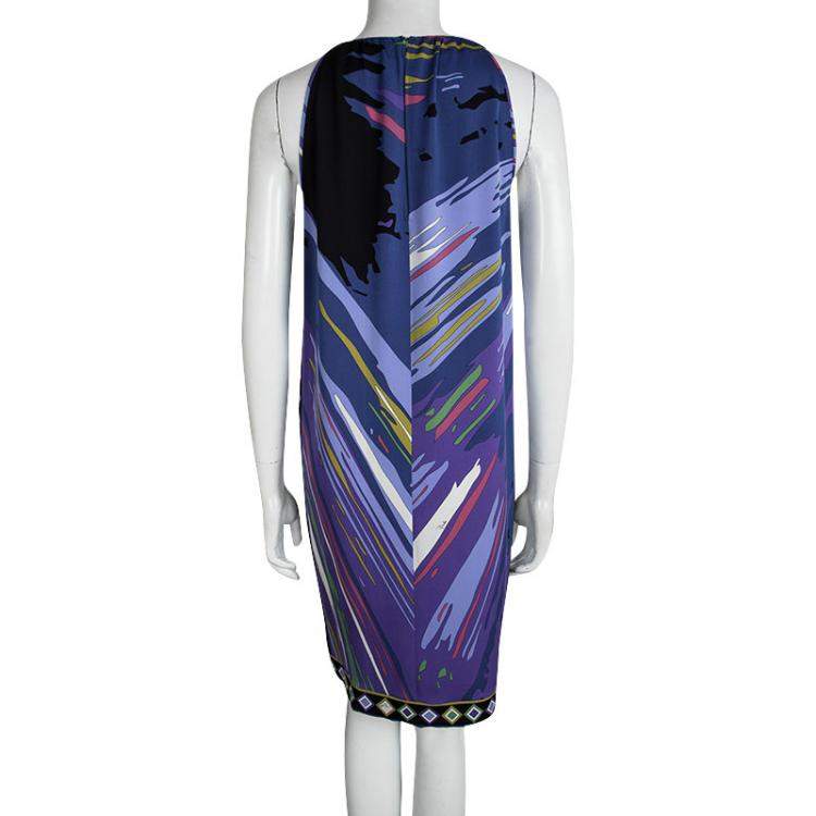 Pre Owned Emilio Pucci Purple Printed Silk Embellished Sleeveless Dress M