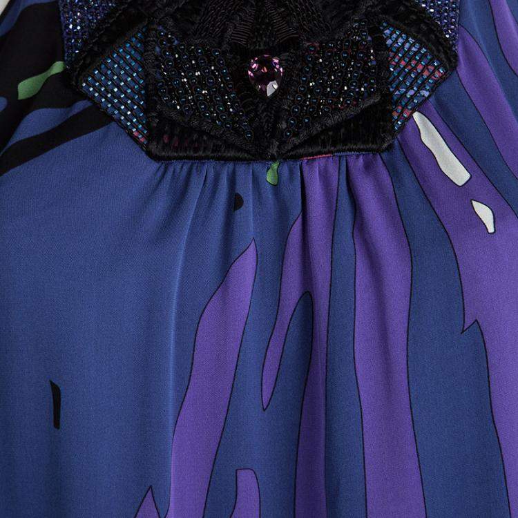 Pre Owned Emilio Pucci Purple Printed Silk Embellished Sleeveless Dress M