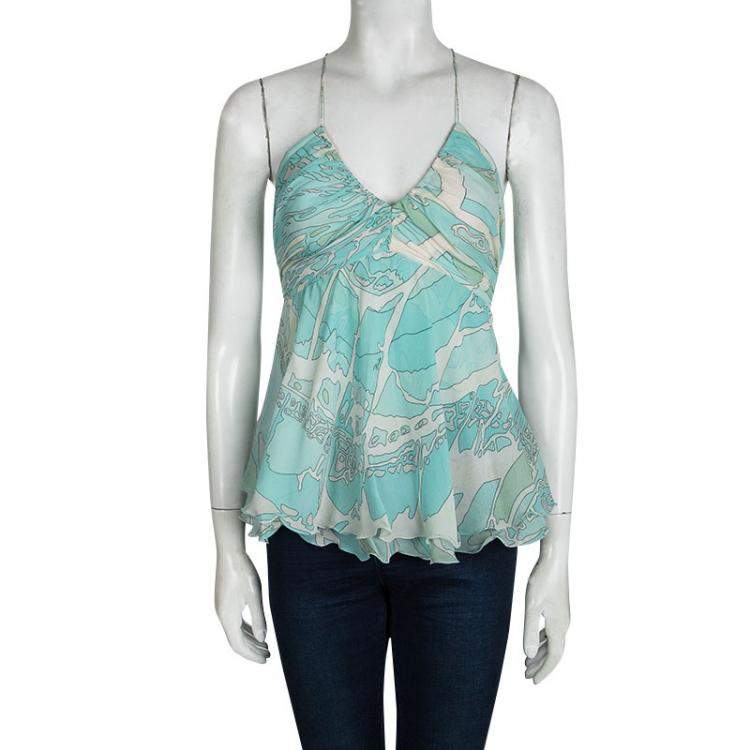 Pre Owned Emilio Pucci Blue Printed Silk Ruched Sleeveless Y Back Top S