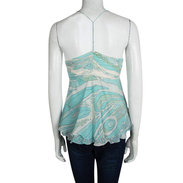 Pre Owned Emilio Pucci Blue Printed Silk Ruched Sleeveless Y Back Top S