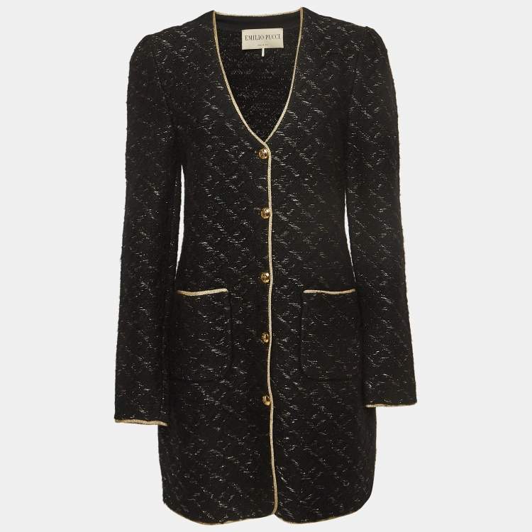 Pre Owned Emilio Pucci Black and Gold Trim Thick Knit Buttoned Coat XL