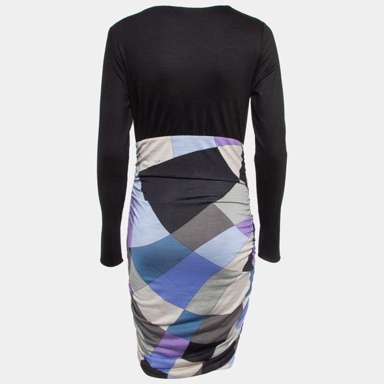 Pre Owned Emilio Pucci Multicolor Print Wool Blend Knit Ruched Dress M