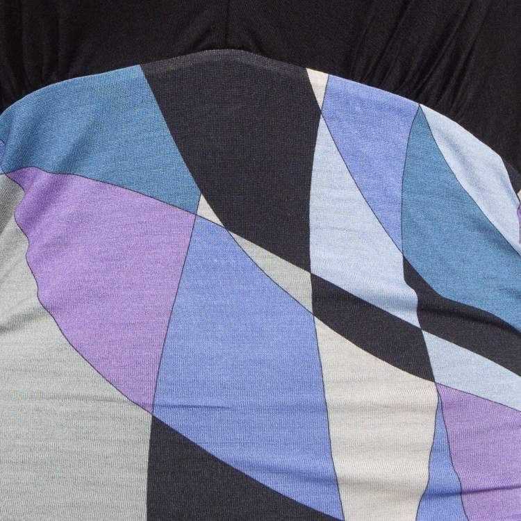 Pre Owned Emilio Pucci Multicolor Print Wool Blend Knit Ruched Dress M