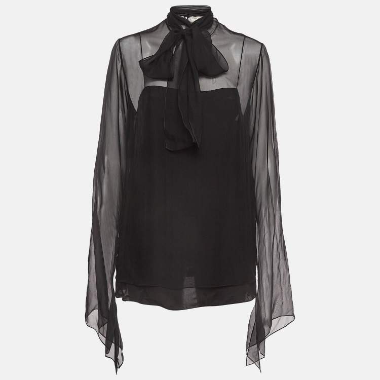 Pre Owned Emilio Pucci Black Sheer Silk Neck Tie Top M