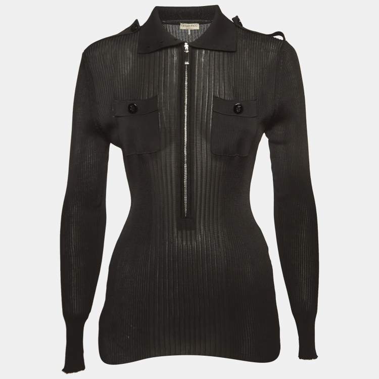 Pre Owned Emilio Pucci Black Jersey Rib Knit Zip Front Polo T-Shirt L