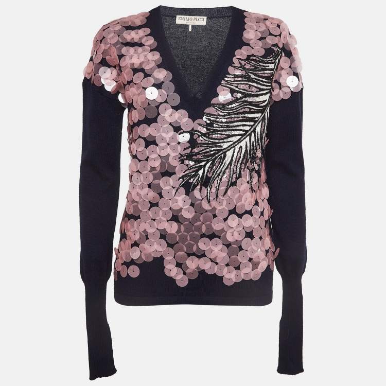 Pre Owned Emilio Pucci Navy Blue Wool Blend Sequin Detail Sweatshirt S