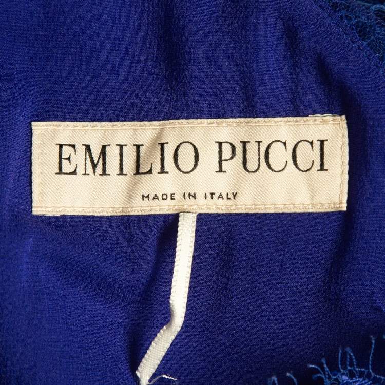 Pre Owned Emilio Pucci Blue Lace Trim Stretch Crepe Peplum Pencil Dress L
