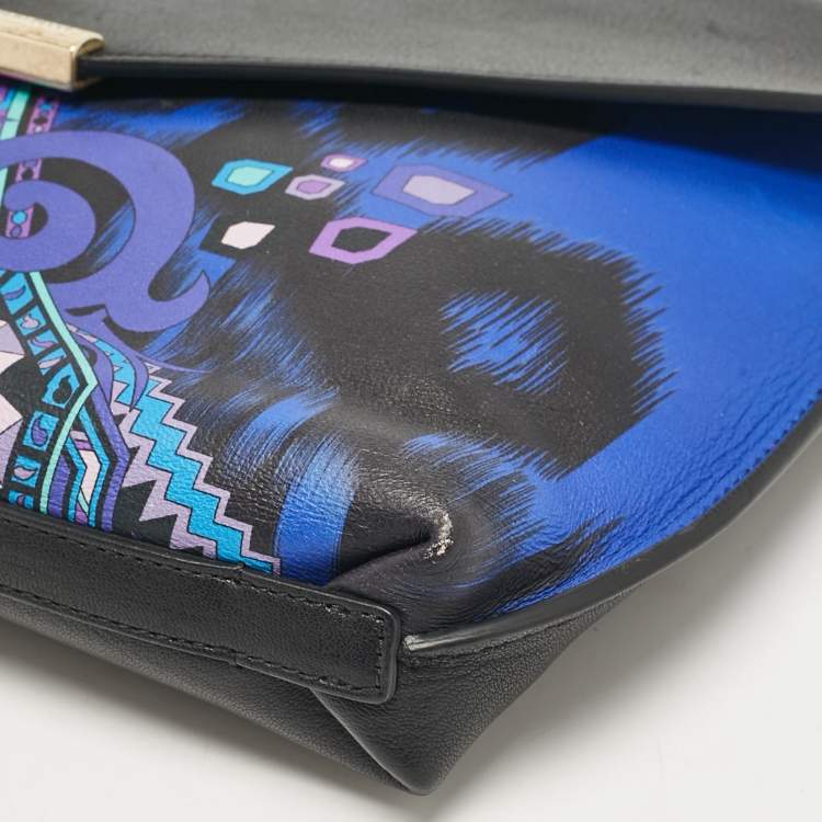 Pre Owned Emilio Pucci Black/Blue Newton Print Leather Envelope Clutch