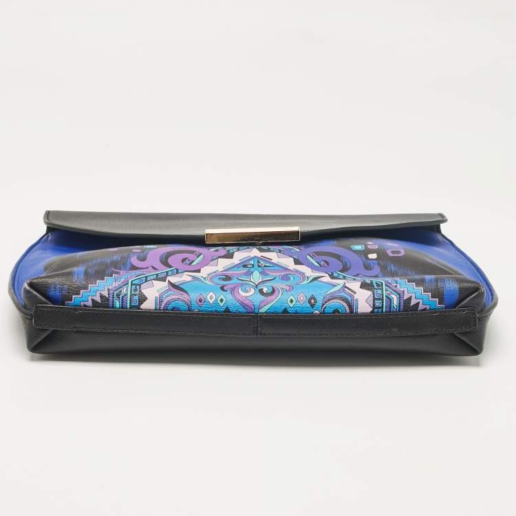 Pre Owned Emilio Pucci Black/Blue Newton Print Leather Envelope Clutch