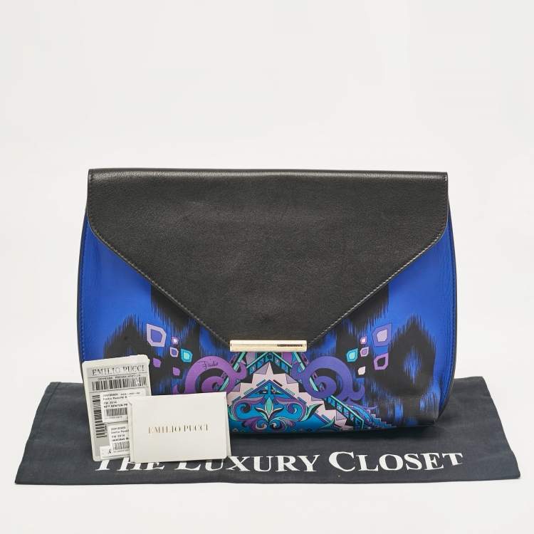 Pre Owned Emilio Pucci Black/Blue Newton Print Leather Envelope Clutch