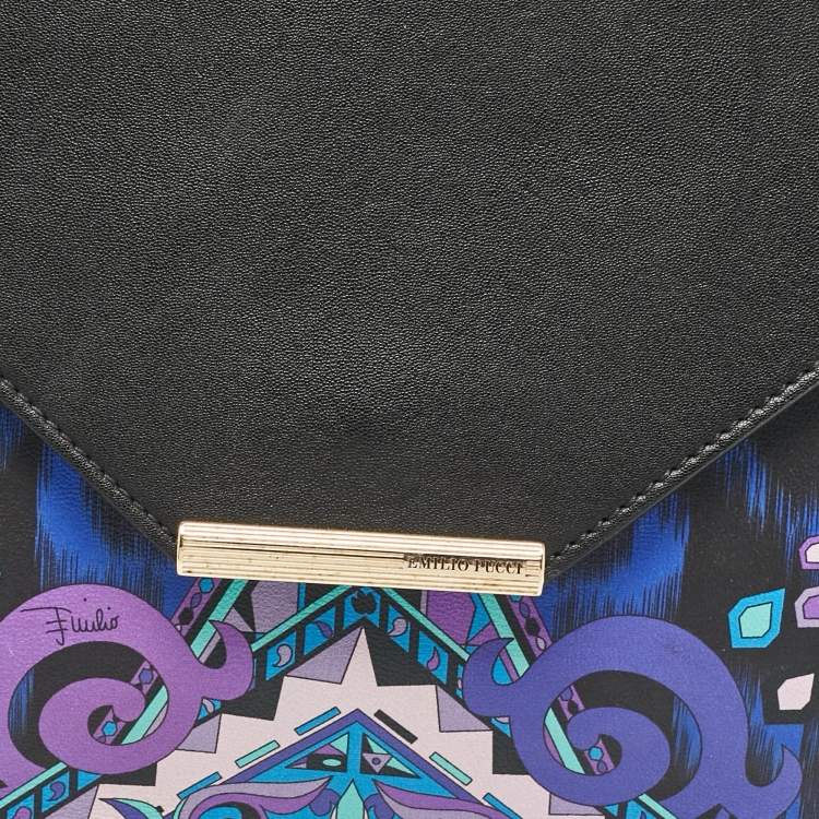 Pre Owned Emilio Pucci Black/Blue Newton Print Leather Envelope Clutch