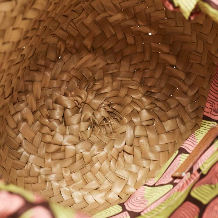 Pre Owned Emilio Pucci Tan/Natural Raffia and Leather Small Logo Basket Bag
