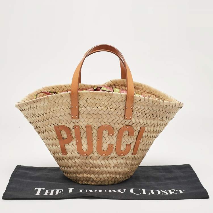 Pre Owned Emilio Pucci Tan/Natural Raffia and Leather Small Logo Basket Bag