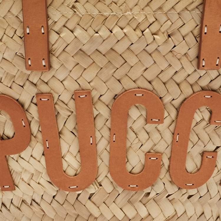 Pre Owned Emilio Pucci Tan/Natural Raffia and Leather Small Logo Basket Bag
