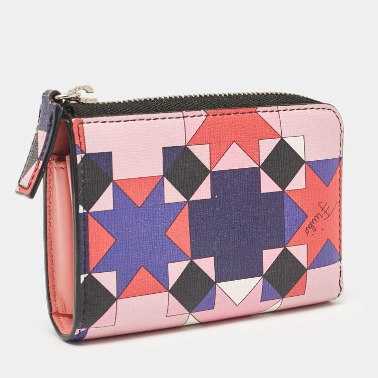 Pre Owned Emilio Pucci Multicolor Printed Leather Zip Compact Wallet