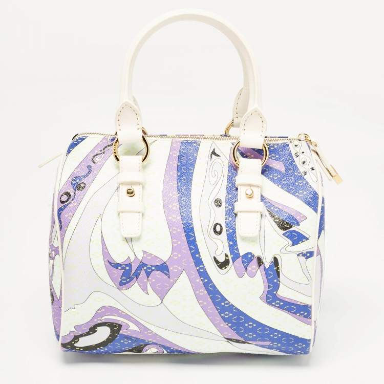 Pre Owned Emilio Pucci White/Multicolor Coated Canvas Boston Bag