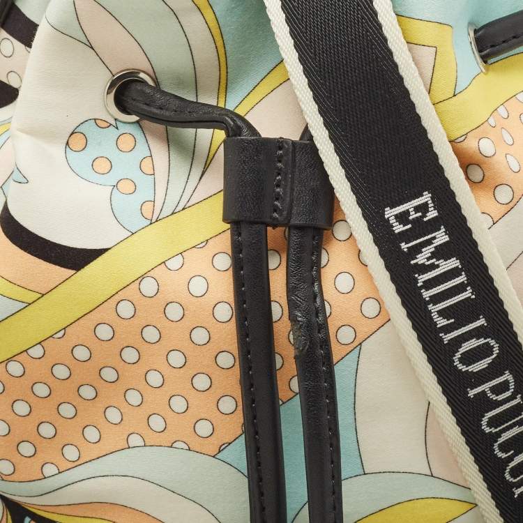Pre Owned Emilio Pucci Multicolor Printed Satin and Leather Drawstring Bucket Bag