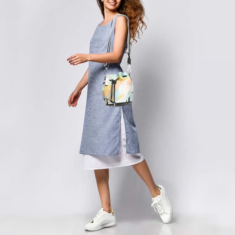 Pre Owned Emilio Pucci Multicolor Printed Satin and Leather Drawstring Bucket Bag