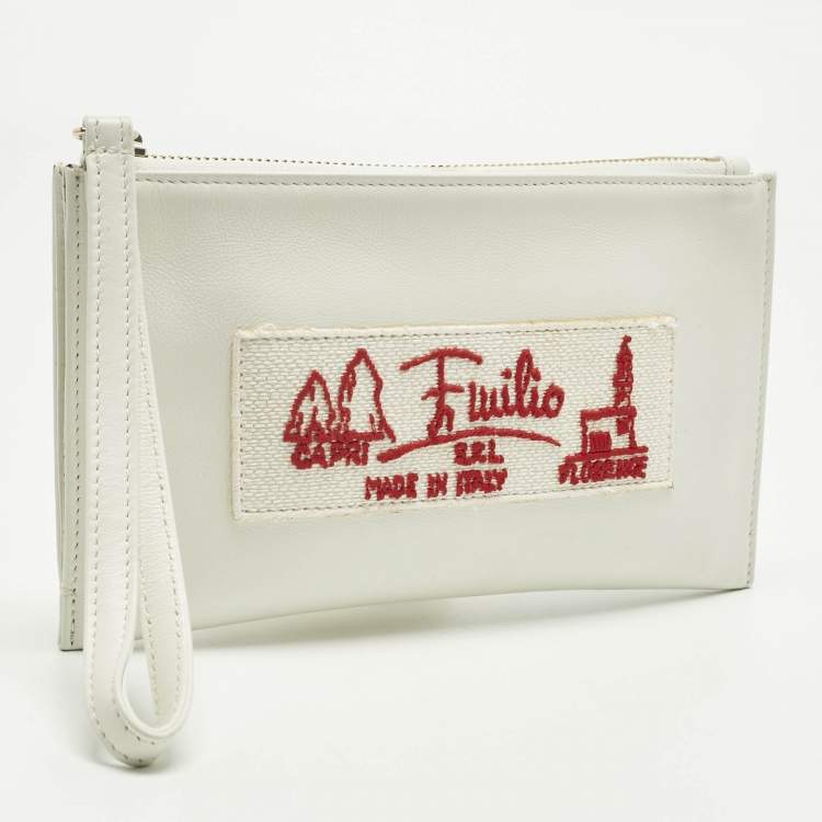 مملوكة مسبقًا Emilio Pucci White Leather Wristlet Zip Pouch